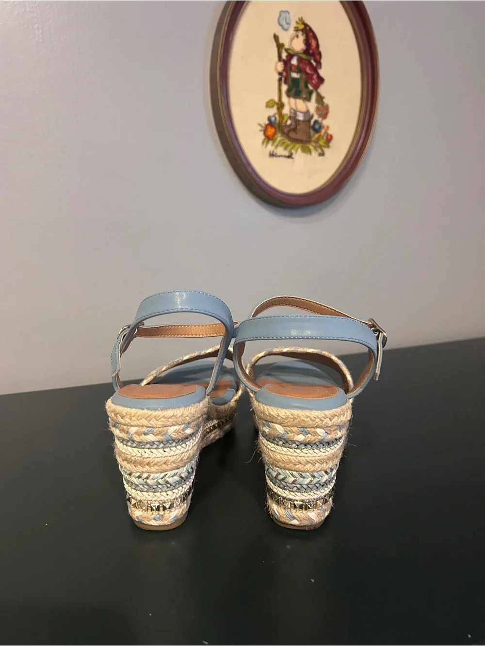 Patrizia by Spring Step Embellished Espadrille Wedge Sandal Blue Cream Size 41